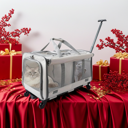 Luxury UIRREL Dual-Compartment Rolling Pet Carrier, designed for cats and puppies. This spacious and soft dual compartment pet carrier features durable construction, smooth wheels, and breathable mesh windows, making it perfect for travel.