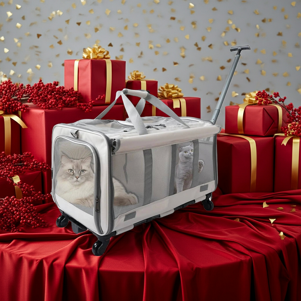 Pet carrier with a cat inside on a red tablecloth with Christmas presents and decorations.