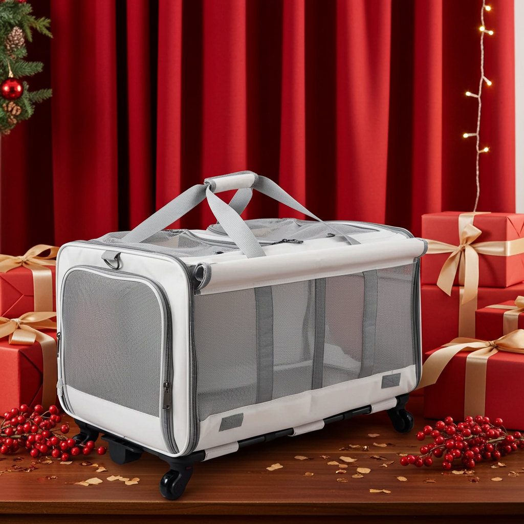 Pet carrier on a wooden floor with Christmas decorations and presents in the background