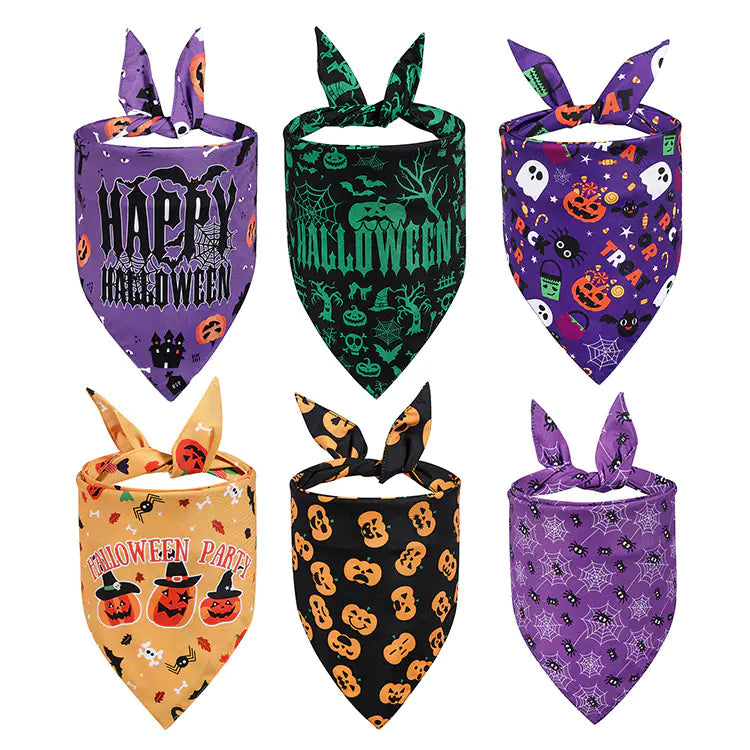 Set of six Halloween-themed pet bandanas with various designs on a white background.