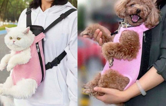 Two images showing a pink pet carrier with a white cat and a brown dog inside.