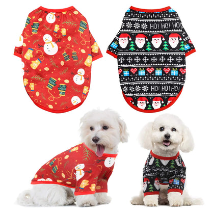 Two Christmas-themed dog sweaters with dogs wearing them on a white background