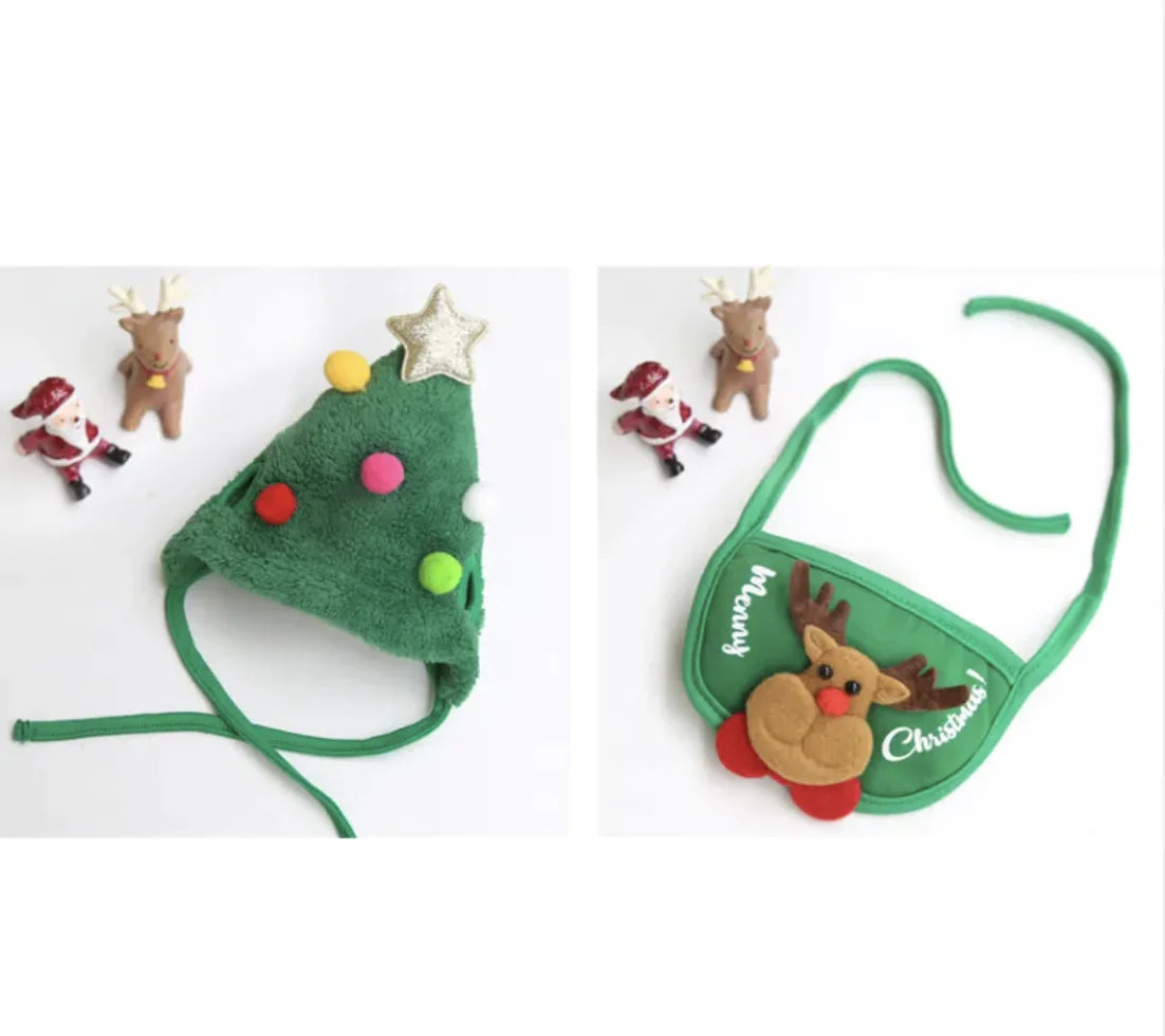 Christmas-themed pet hat and pet bib with reindeer design on a white background
