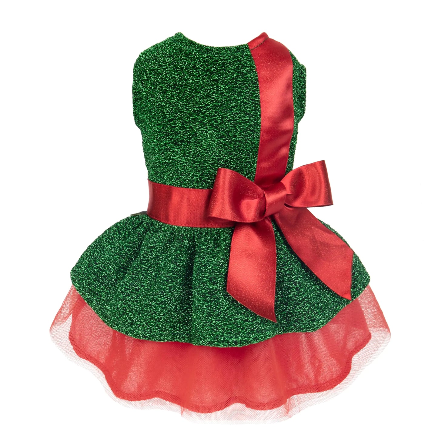 Close-up view of the Holiday Dog Dress for Small Breeds, showcasing its glittery green bodice, red bow, and layered tulle skirt, ideal for festive occasions.