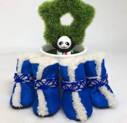 Blue and white dog boots with a panda toy and potted plant on a white background