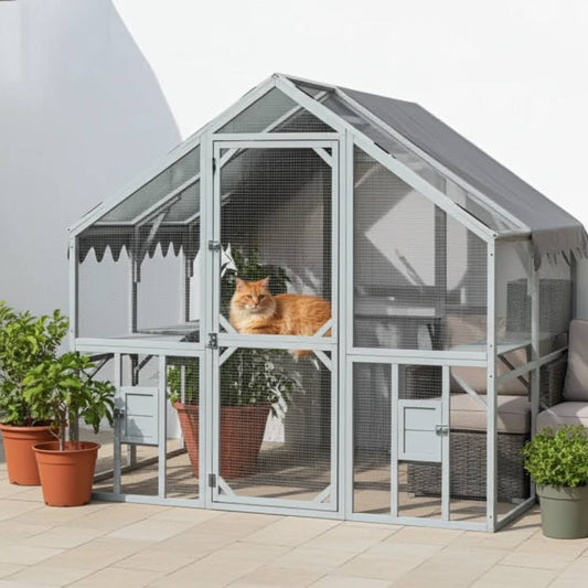 Cat sitting inside a hexagonal pet house on a patio with plants and furniture.