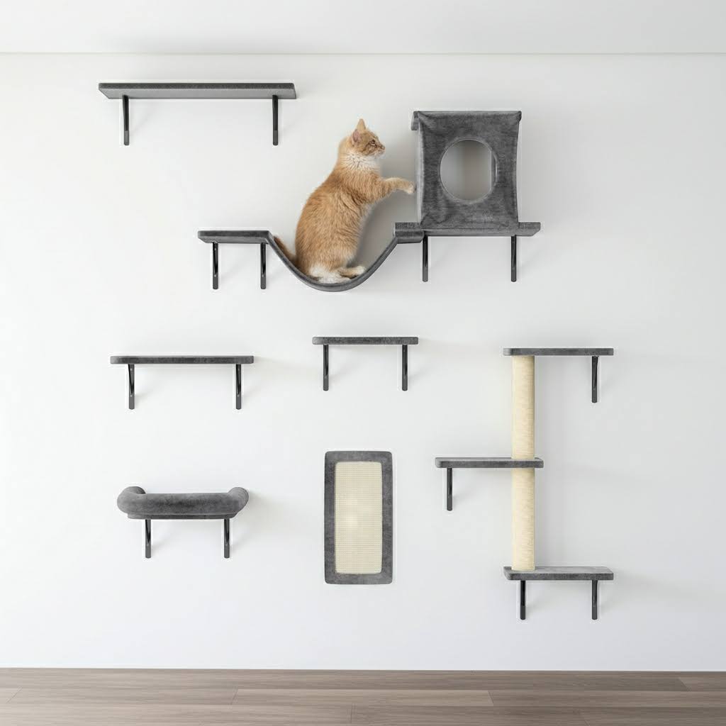 Luxury Wall-Mounted Cat Climber Set 6-Piece Playground featuring a cozy cat condo perfect for climbing and lounging, ideal for all cat lovers.