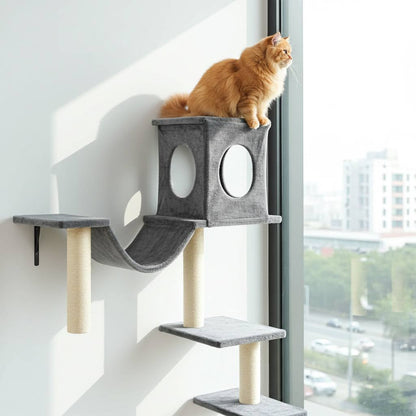Luxury Wall-Mounted Cat Climber Set 6-Piece Playground showing a cat using a scratching post and scratching board, enhancing playtime for your furry friend.