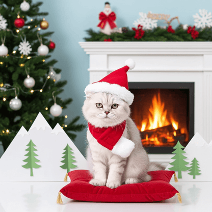 Adorable Christmas Pet Outfit Set for Cats and Dogs featuring cozy hat and scarf for festive celebrations.
