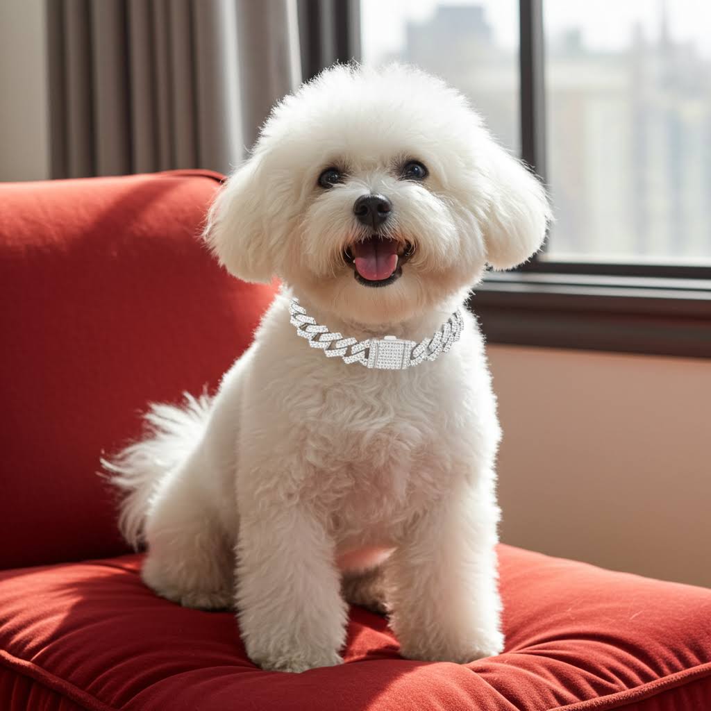 Close-up image of the Elegant Silver Dog Chain Collar with Secure Buckle 20inch, showcasing the shiny finish and zirconia accents. Perfect silver dog collar for small dogs, cats, and rabbits.