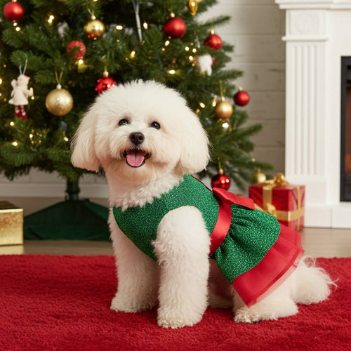 Holiday Dog Dress for Small Breeds – Glitter Green with Red Bow, perfect for Christmas parties and photos, featuring a soft and breathable design.