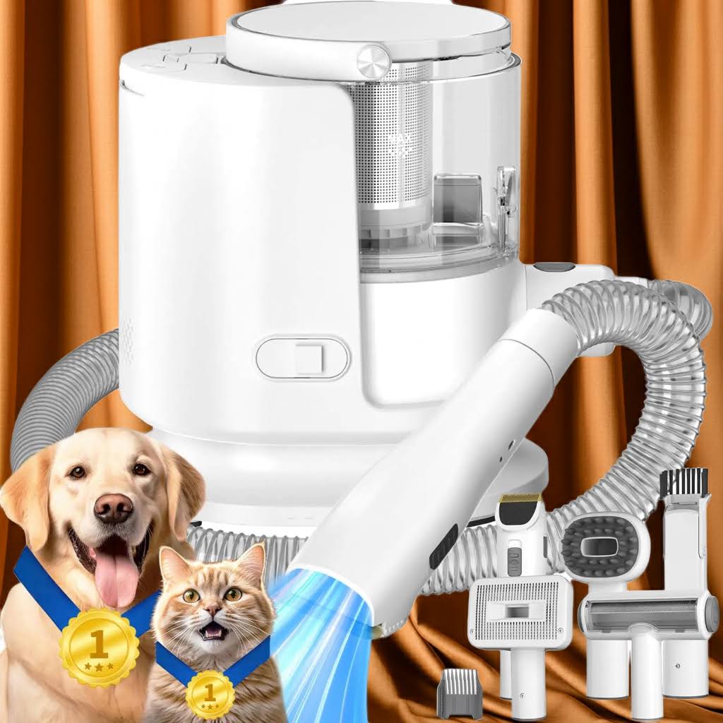 White pet grooming vacuum cleaner with attachments on a brown background