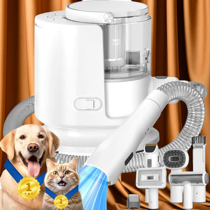 White pet grooming vacuum cleaner with attachments on a brown background