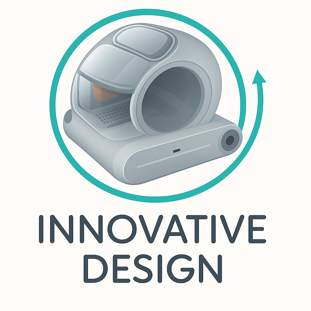 Illustration of an automatic litter box with 'Innovative Design' text on a white background