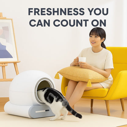 Woman sitting on a yellow chair with a cat using a litter box, text 'Freshness You Can Count On' above.