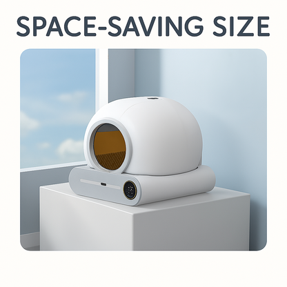 White automatic litter box on a stand with 'SPACE-SAVING SIZE' text above.