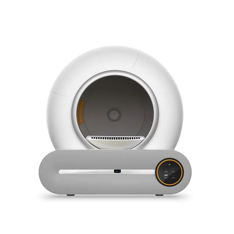 White and gray automatic litter box with circular design on a white background