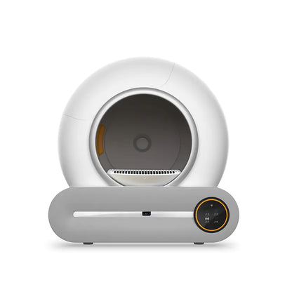 White and gray automatic litter box with circular design on a white background