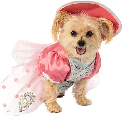 Small dog wearing a pink outfit with a hood and skirt on a white background
