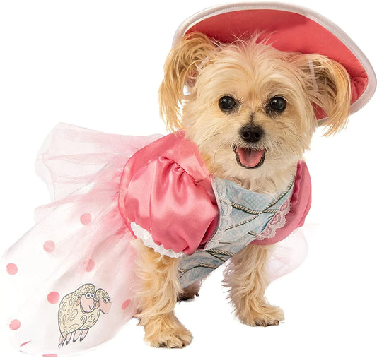 Small dog wearing a pink outfit with a hood and skirt on a white background