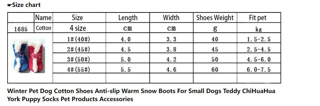 Size chart for winter pet dog shoes with specifications and measurements.