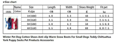 Size chart for winter pet dog shoes with specifications and measurements.