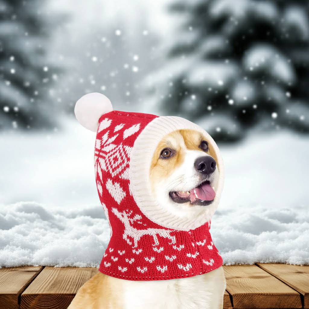 Pawaboo Festive Dog Hat Cozy Winter Cap with PomPom, perfect Santa hat for dogs, ideal for medium breeds like Corgis and Border Collies.