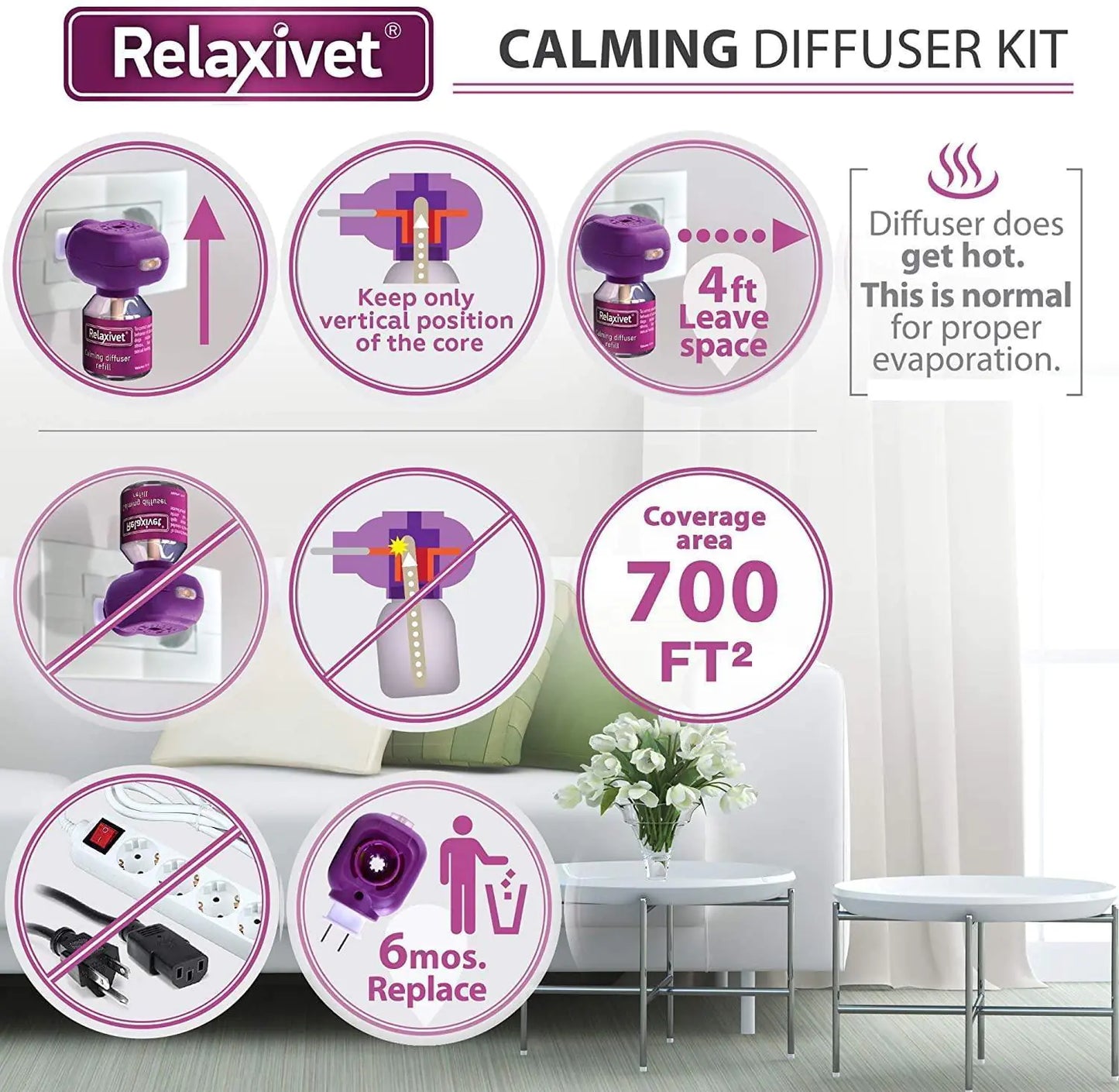 Relaxivet calming diffuser kit with usage instructions and product placement in a living room.