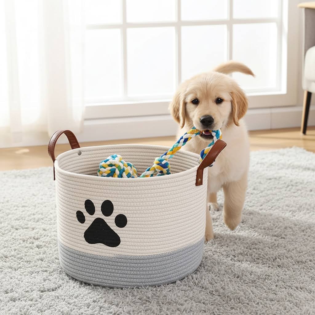 Dog playing with a rope toy inside a eco-friendly pet toy basket with a paw print design.