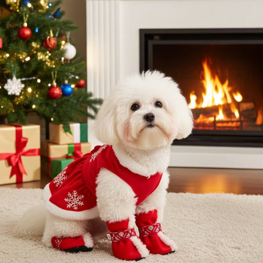 Christmas Pet Snow Boots – Warm, Waterproof & Festively Styled - featuring a close-up of the snug cotton lining for ultimate comfort in cold weather.