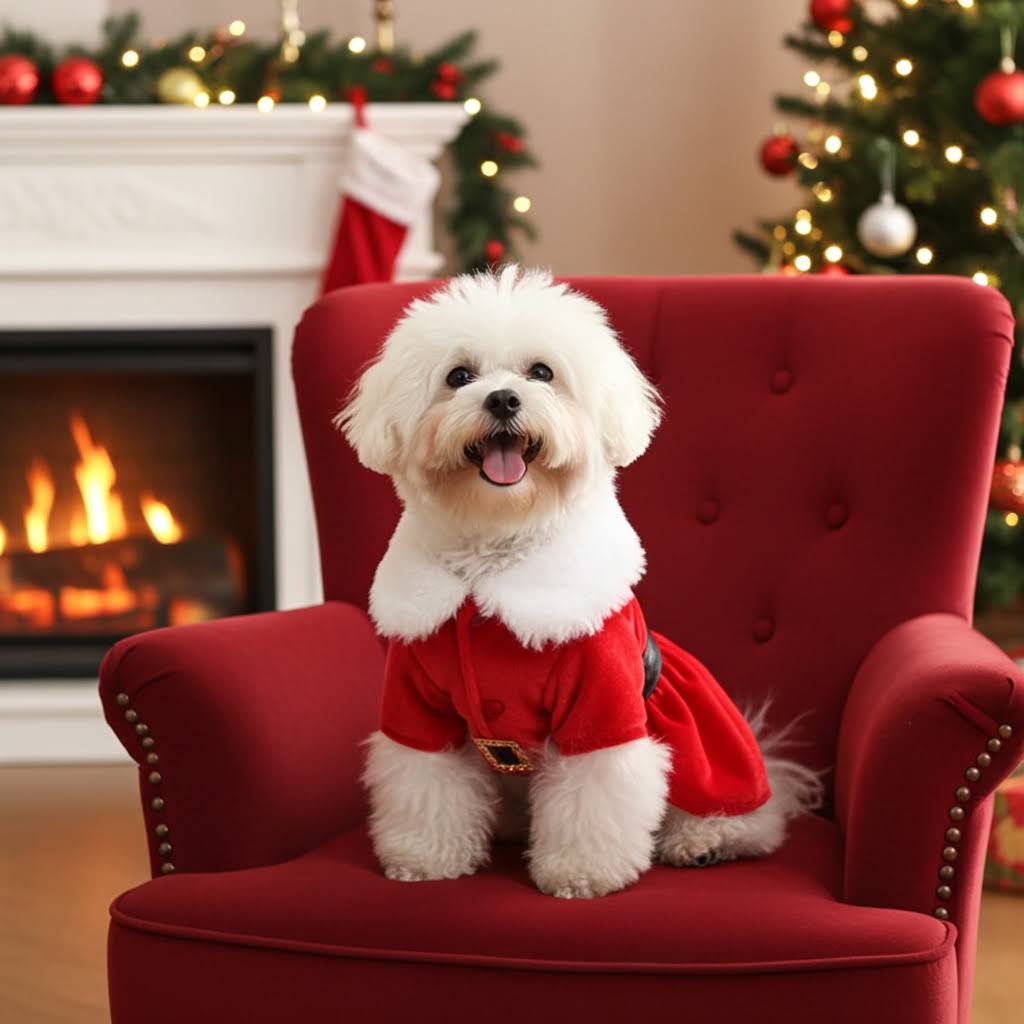 Small white dog in a red outfit sitting on a red chair with a Christmas tree and fireplace in the background.